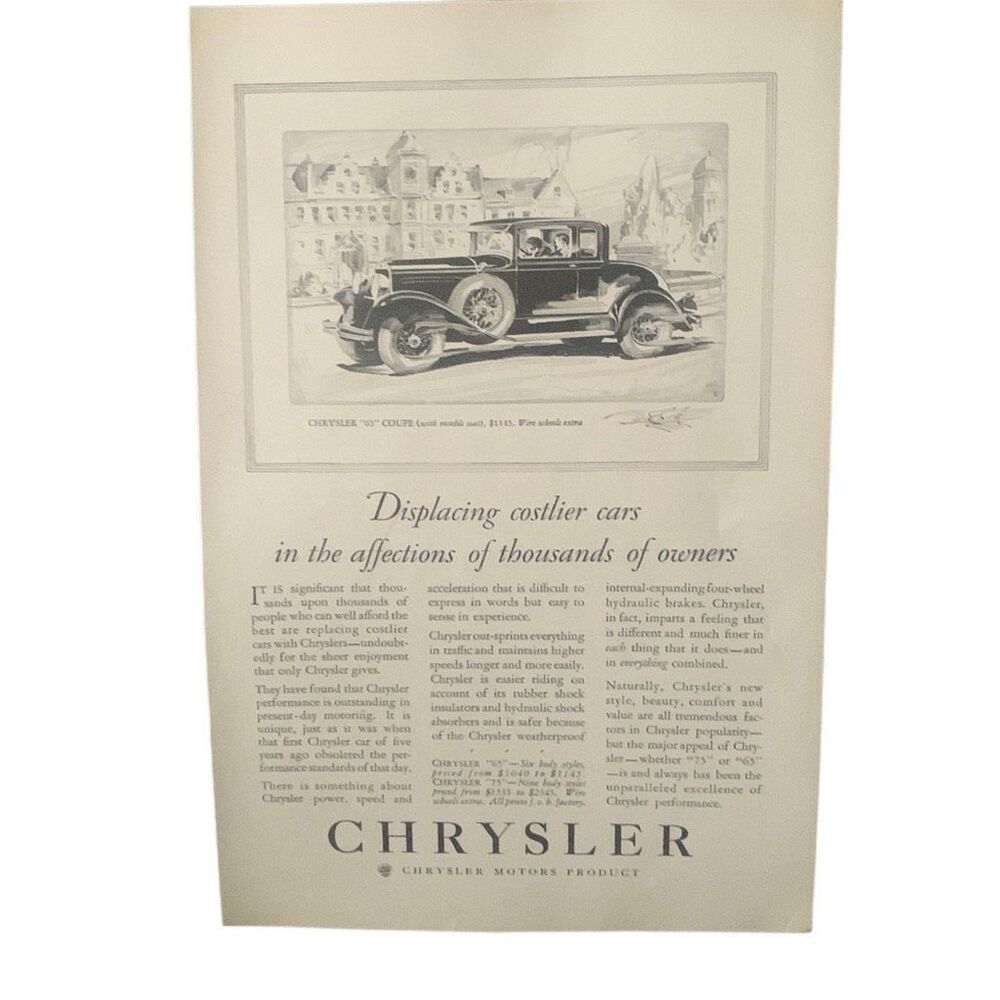 Vintage 1929 Chrysler 63 Coupe Rumble Seat Ad Advertisment